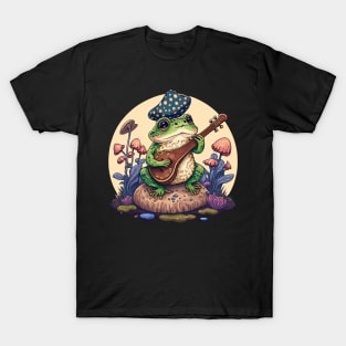 Cottagecore aesthetic frog playing ukelele on Mushroom T-Shirt